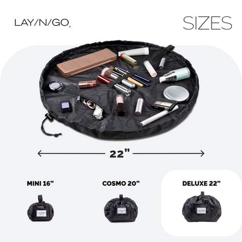 Lay-n-Go Cosmo Drawstring Cosmetic & Makeup Bag Organizer - Portable Drawstring Makeup Bag w/Zipper Pocket, Makeup Loops & More - Durable, Machine Washable Makeup Bag for Travel (22”, Black)