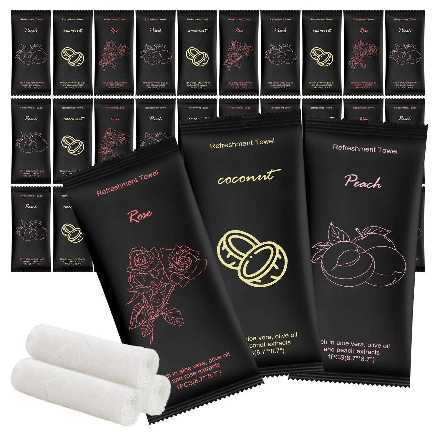Moist Cotton Towel Bulk Moist Towelettes Individually Wrapped 8.7" x 8.7",White Towel Services,Refreshment Pre Moistened Towels Peach,Rose and Coconut for Sport Party Spa