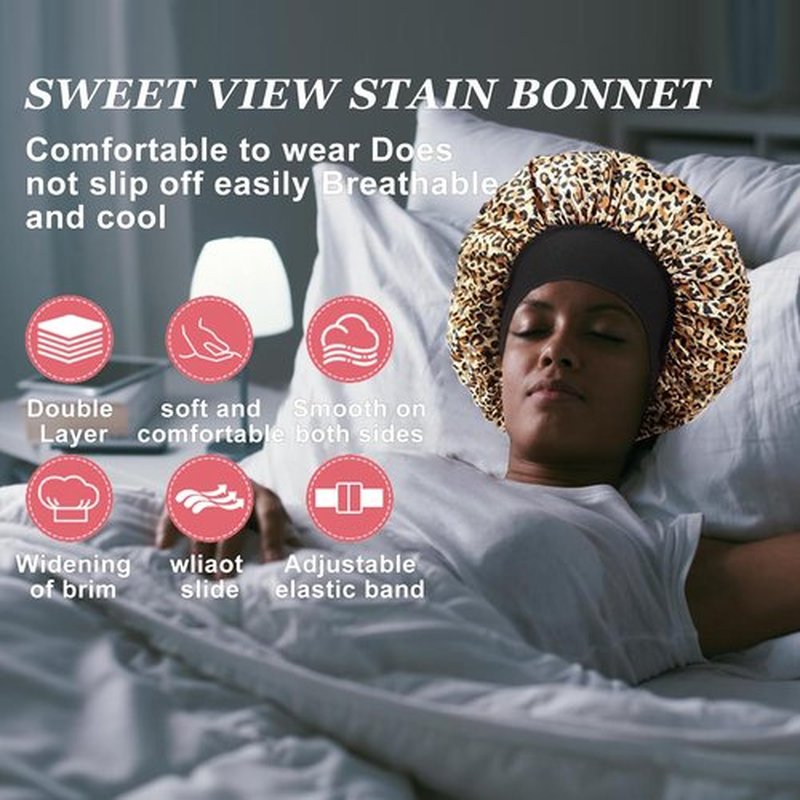4PCS Silk Hair Bonnet for Sleeping,Hair Wrap Satin Bonnets Shower Cap for Black Women Men, Elastic Wide Band Hair Bonnet Cap for Sleeping Curly Hair(Black & Wine Red & Purple Print & Leopard Pattern)