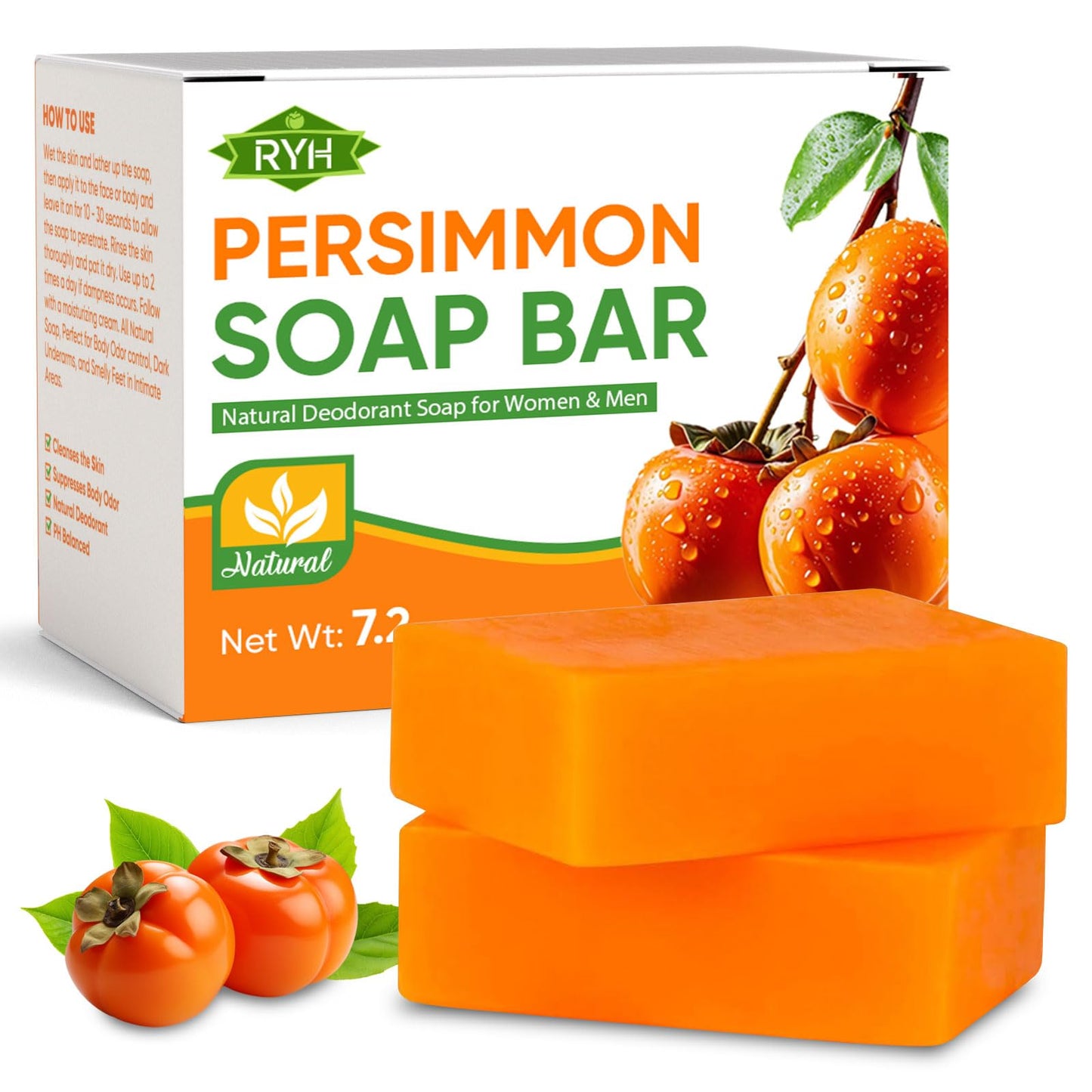 RYH 2 PCS Persimmon Soap Bar for Body Odor Control–Deodorizing & Eliminating Body Odor for Old People Smell, Natural Deodorant Persimmon Bar Soap, Persimmon Body Wash for Women & Men, 3.53oz/per