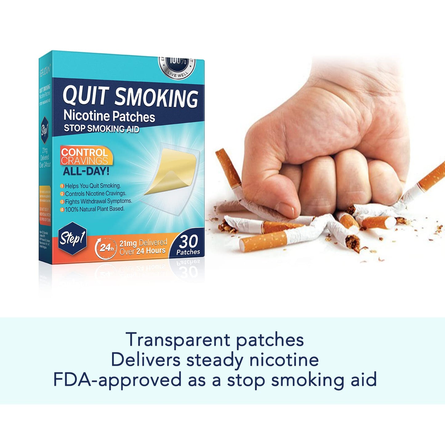 Nicotine Patches - 30 Count Gradual Reduction System, Transdermal Quit Smoking Aid with Natural Botanicals, Stop Smoking Patches That Work | Parches de Nicotina (Step 1-21mg)