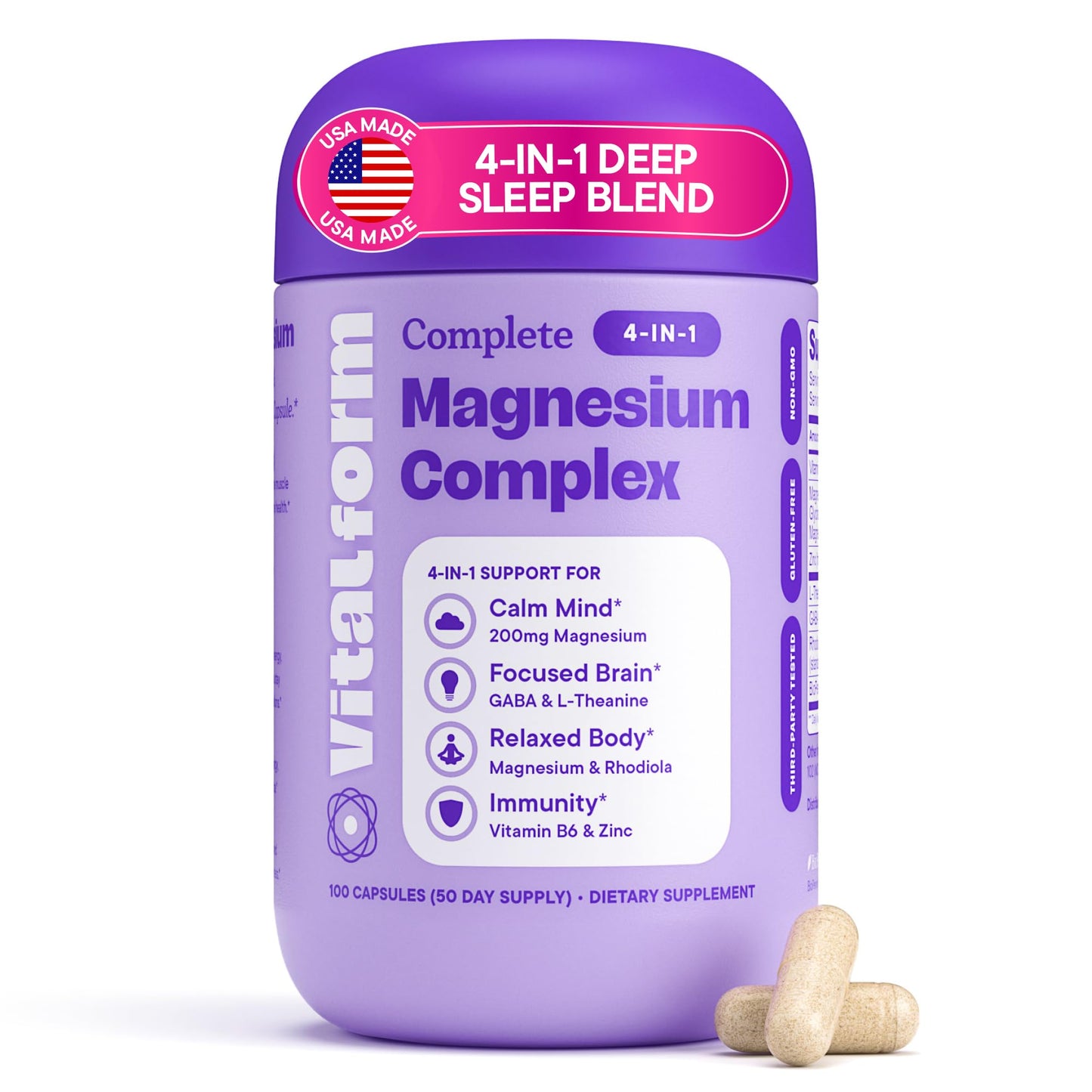 VitalForm Magnesium Glycinate Sleep Complex – Non-Habit Forming Support with L-Theanine, GABA, Zinc & Rhodiola – Promotes Relaxation, Calm & Muscle Recovery – Non-Melatonin – 100 Capsules