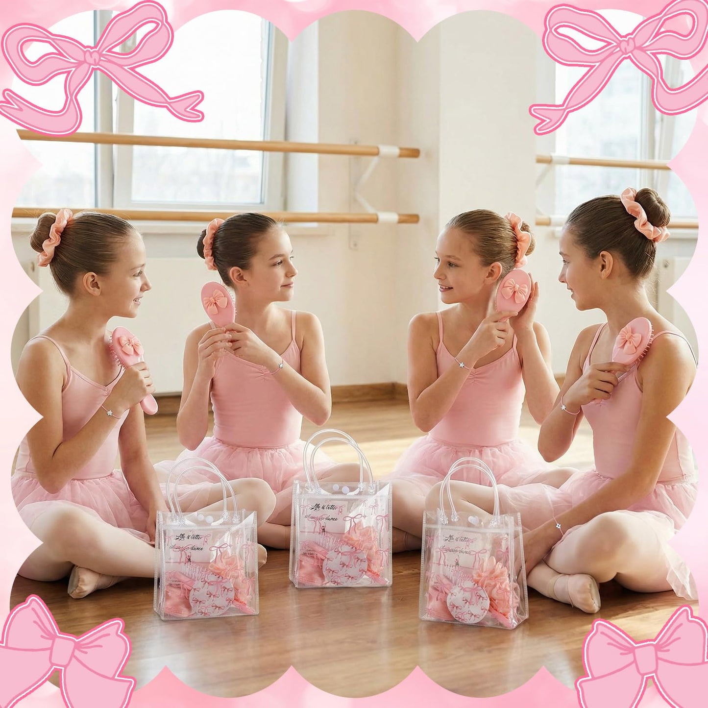 Ferrochef 12 Sets Pink Ballerina Party Favors Dance Back to School Gifts Bulk Dance Birthday Party Supplies with Scrunchies Hair Brush Card Compact Mirror Bracelet Bags Ballerina Team Gifts for Women