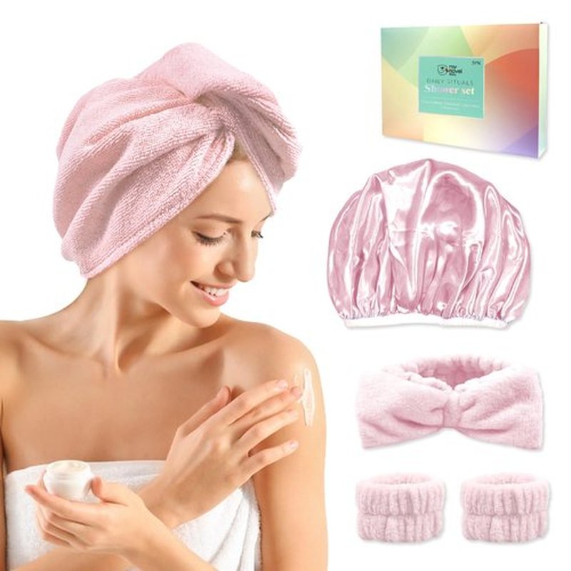 my novel things Hair towel wrap for women, Shower cap reusable waterproof, Shower cap and Hair Towel set, Come with a spa headband and wristbands Soft and Breathable for Long Thick Hair-SkinPink