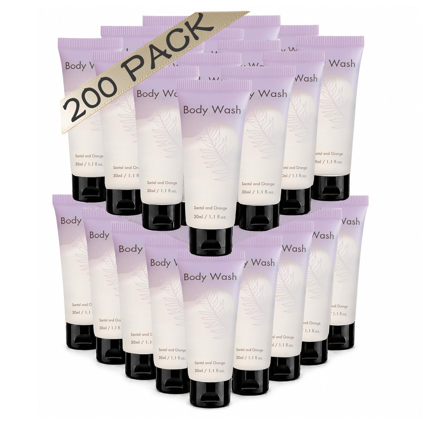 NISGUR Leak-Proof Travel Size Body Wash 1 Oz Each Pack of 200 Bulk Pack Santal and Orange Scent Hotel Body Wash Amenities and Toilteries for Hospitality