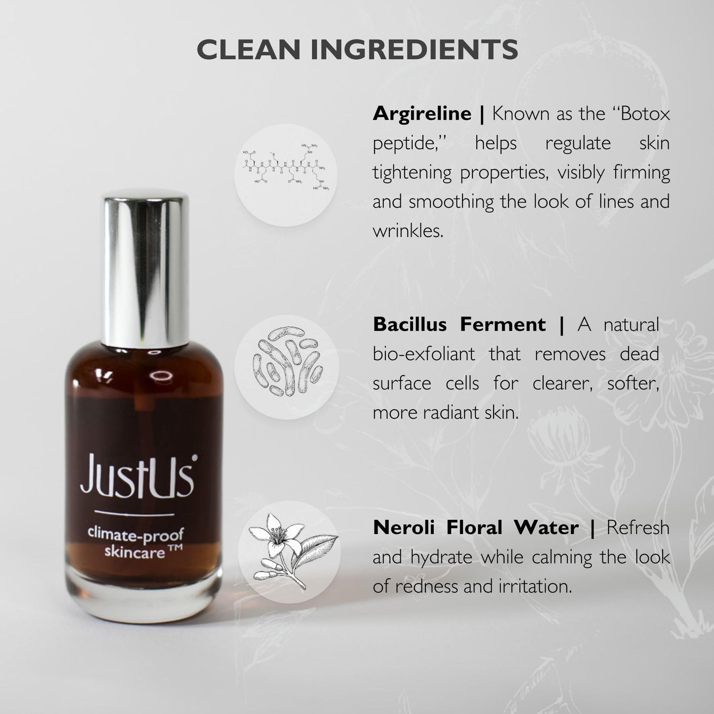 JustUs Skincare, Hydrating Facial Mist for Mature Skin - Exfoliating Anti-Aging Serum for Dull, Dehydrated Skin, with Argireline, Bacillus Ferment, Neroli & Niacinamide – 50ml / 1.67 oz