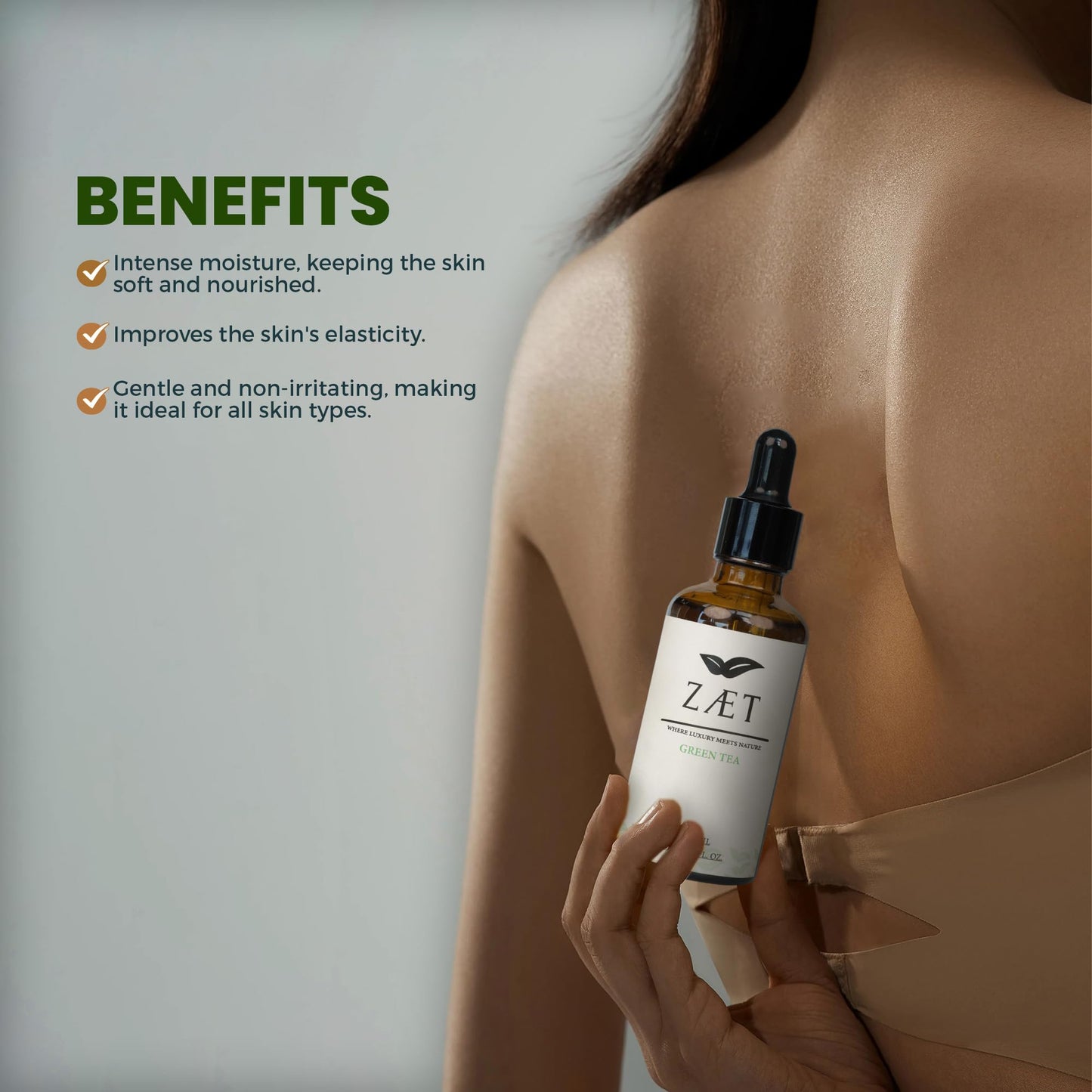 ZAET Green Tea Scented Body Oil 50 ml – After Shower Use – Ultra-Moisturizing with a Fresh, Refined Fragrance – Helps Improve Skin Elasticity – Essential Skin Care for Men & Women