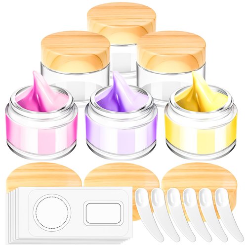 MotBach 6 Pack 1oz Glass Jars with Lids 60ml Mini Round Clear Glass Jars with Inner Liners and Spatulas, Travel Size Containers Jars for Toiletries Creams Makeup Cosmetic Sample Lotion (Woodgrain Lid)