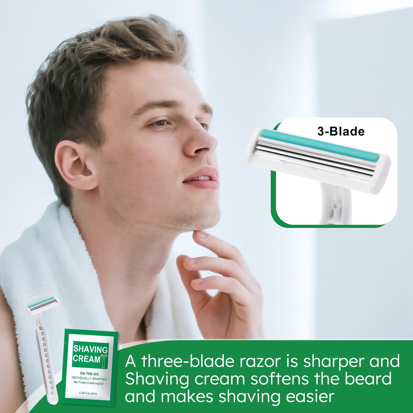 Xuezoioy Disposable Razors Bulk - Pack of 100,Individually Wrapped Grey 3 Blade Razors with 8 ml/0.28 fl oz Packet Shaving Cream and Clear Cap for Homeless,Hotel,Shelter,Travel