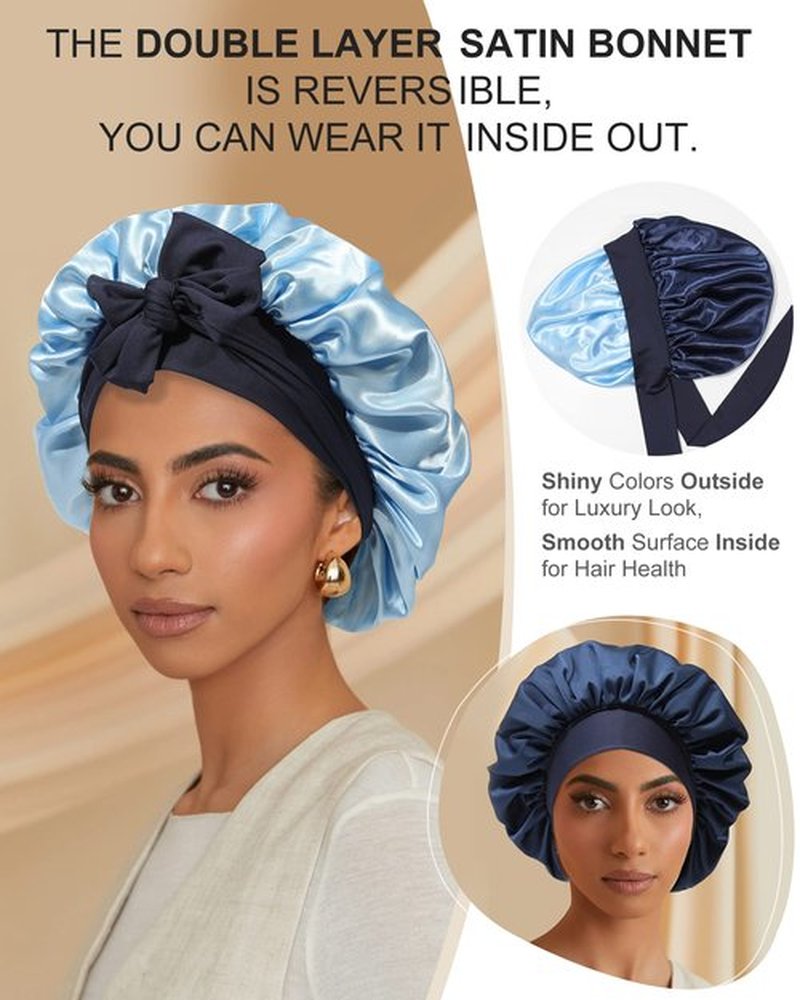 Satin Bonnet for Women Silk Bonnets for Sleeping Curly Hair Bonnet with Elastic Tie Band Reversible Double Layer Sleep Cap Hair Wrap (Navy Blue+Light Blue)