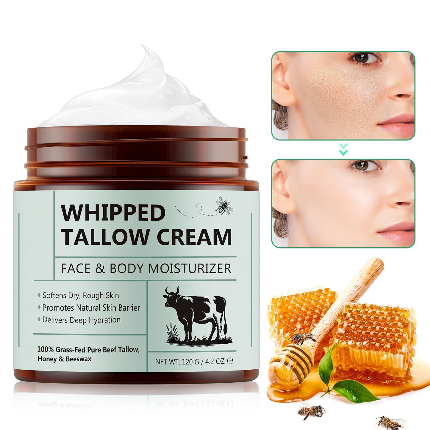 Jiugonggang Beef Tallow for Skin, Whipped Tallow and Honey Balm, Organic Tallow Face Moisturizer, Natural Lotion Whipped Beef Tallow Cream for Face & Body Sensitive, Cracked, Dry, Itchy Skin, 4.2 OZ