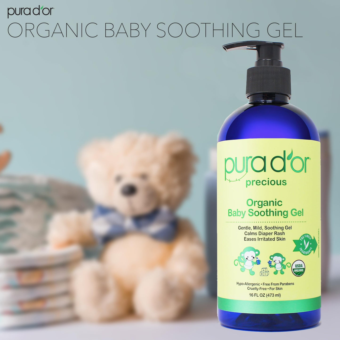 PURA D'OR ORGANIC Baby Soothing Gel For Sensitive Skin (16 Oz x2 = 32 Oz) Diaper Rash & Irritation Relief with Aloe Vera, Tamanu Oil, Chamomile, Jojoba, & Almond Oil