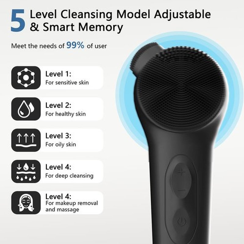 ADINC Silicone Face Scrubber, Waterproof Rechargeable Facial Cleansing Brush, 5 Cleansing Modes with Nose Brush for Men & Women Electric Face Wash Brush for Deep Cleaning, Exfoliating, Massaging-Black