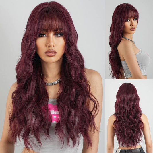 ISHINE Burgundy Red Wigs for Women Wig with Bangs, Long Wavy Wigs Natural Looking Synthetic Hair Replacement Wigs for Daily Cosplay Party Halloween Costume 24 inch