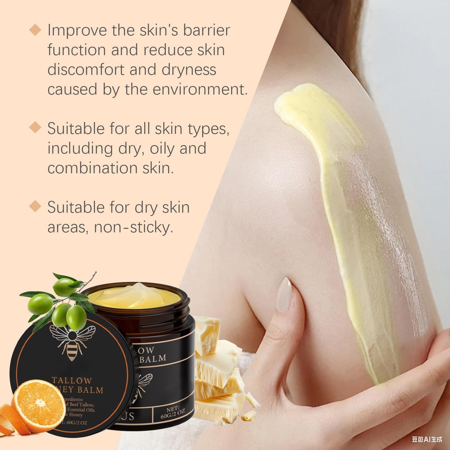 CHHQLZS Tallow Honey Balm for Skin, Natural Handmade Citrus Moisturizer for Soft Smooth Face Hands & Body, 2 Oz