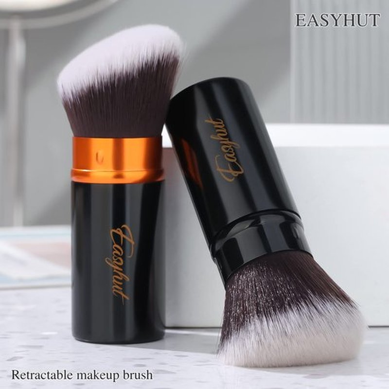 Retractable Kabuki Makeup Brushes 2 Pcs Foundation Blush Brushes Set Portable Powder Brushes with Flat and Angled Top for Liquid Cream Cosmetics Travel. (Orange black)