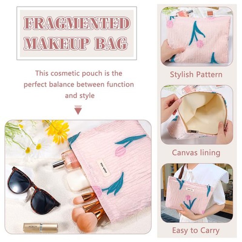 ZLFSRQ Tulip Makeup Bag Travel Cute Pink Flower Floral Cosmetic Bags for Women Large Embroidery Makeup Pouch Zipper Cosmetic Pouch for Purse Aesthetic Makeup Organizer Bag Portable Toiletry Bag