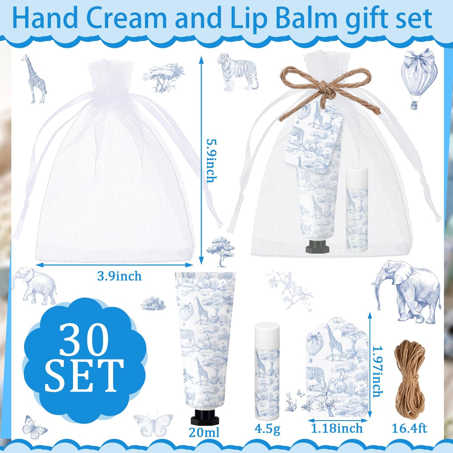 Qunclay 30 Sets Toile De Jouy Baby Shower Hand Cream and Lip Balm Gift Set Blue Chinoiserie Safari Animals Travel Size Hand Lotion Lip Balm Gifts Baby Bridal Shower Party Supplies for Guests