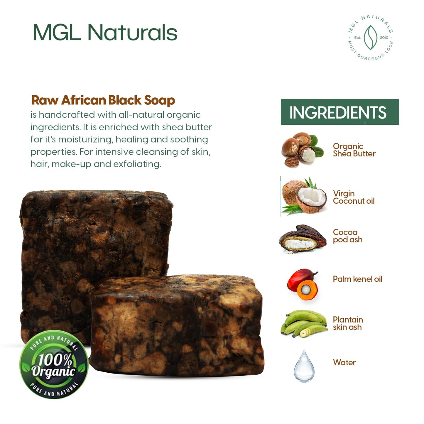 MGL Naturals Raw African Black Soap 2.2 lb from Ghana, Africa | Vegan & Organic | Face and body deep cleanse wash. (2.2 lb | 1 kg | 36 oz)