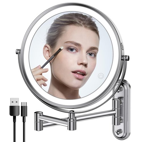 Rocollos Two-Fingers-Width Narrow Base Rechargeable Wall Mounted Lighted Makeup Mirror,3 Color Lights Dimmable Touch Screen,8 Inch LED Double Sided 1X/10X Mirror (Chrome-10X)