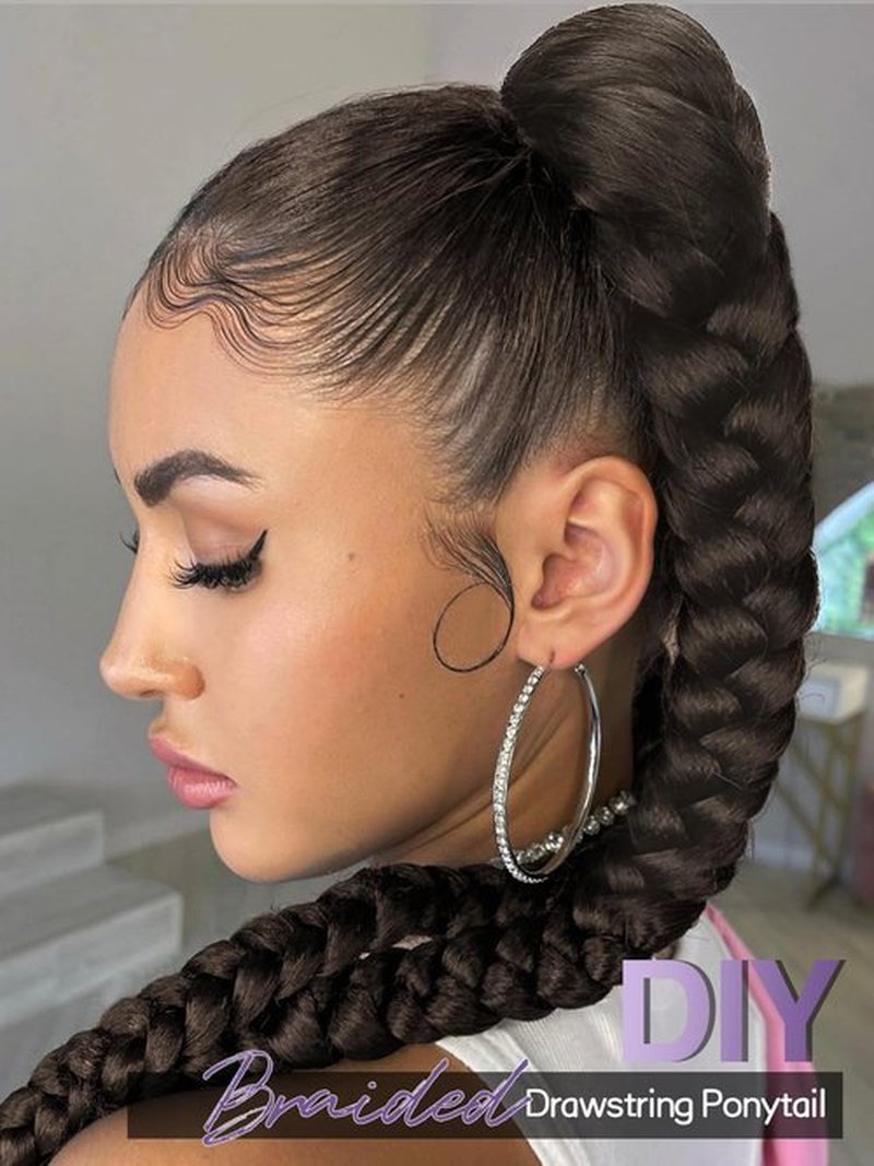 WIGER Drawstring Braided Ponytail for Women 34 Inch Long Dark Brown DIY Ponytail Extensions Yaki Straight Clip-In Hair Extension Synthetic Braided Hairpieces for Daily or Costumes