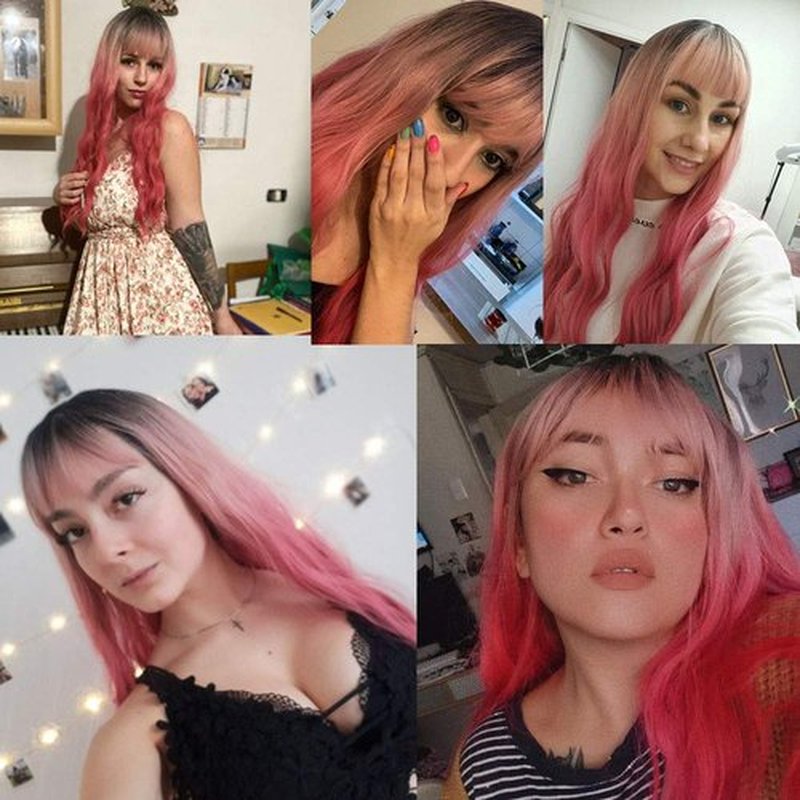Yupher Ombre Pink Wig with Bangs Long Wavy Wigs for Women Pink Wigs with Bangs Heat Resistant Natural Wavy Synthetic Wigs for Daily Party Cosplay