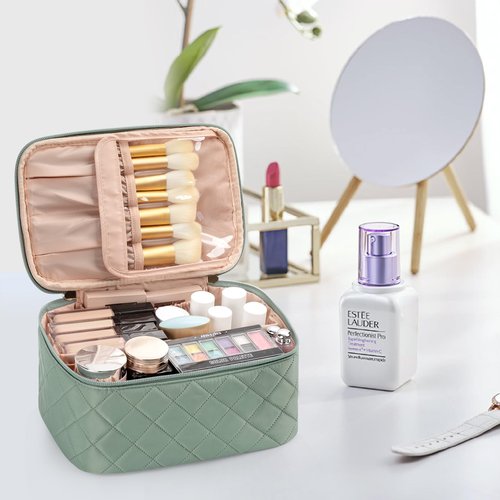 OCHEAL Makeup Bag, Portable Cosmetic Bag, Large Capacity Travel Makeup Case Organizer, Pink Makeup Bags For Women Toiletry Bag for Girls Traveling With Handle and Divider-Green