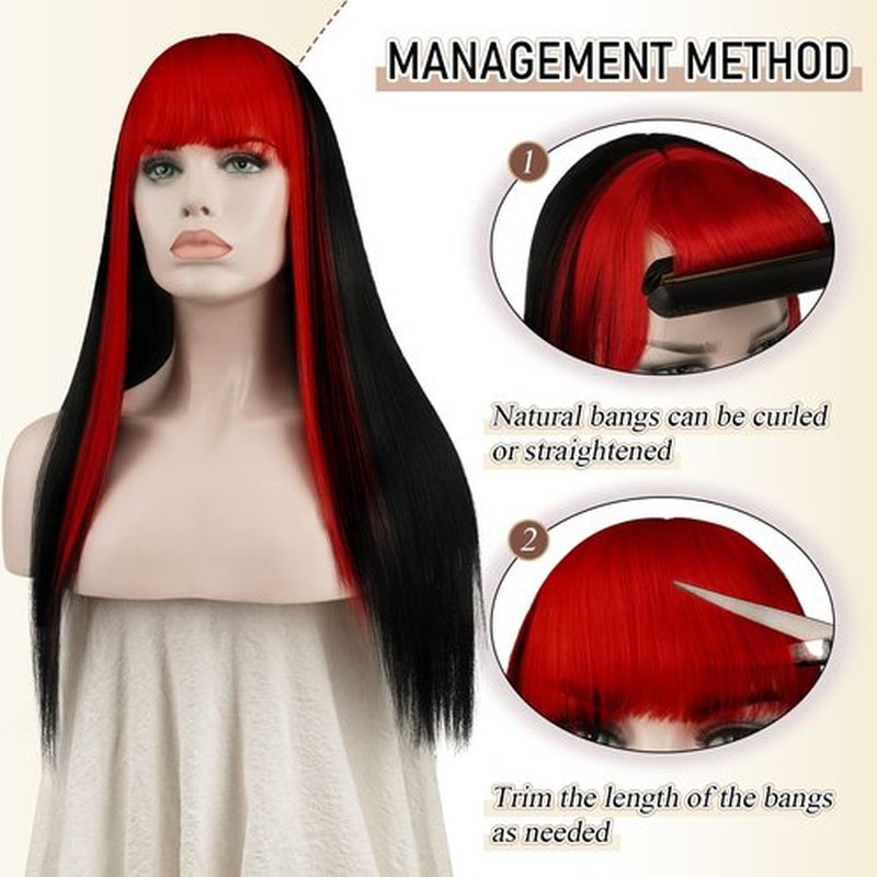 SOFEIYAN Long Straight Wig with Bangs Black with Red Strips Synthetic Hair Replacement Wigs Heat Resistant Full Wig for Women Girls 26 inches