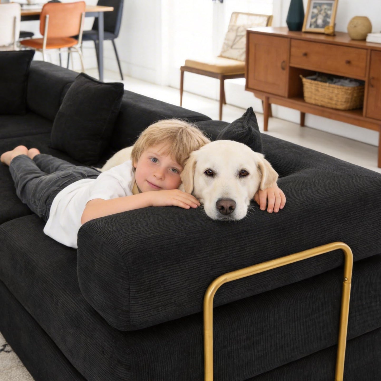 Mojolion Modular Sectional Sofa, 108" L-Shaped Corduroy Couch with Deep Seat, Boneless Cloud Cushion,Modular Sofa Bed with Fixed-Shape Frame for Living Room No Assembly Required (Black)
