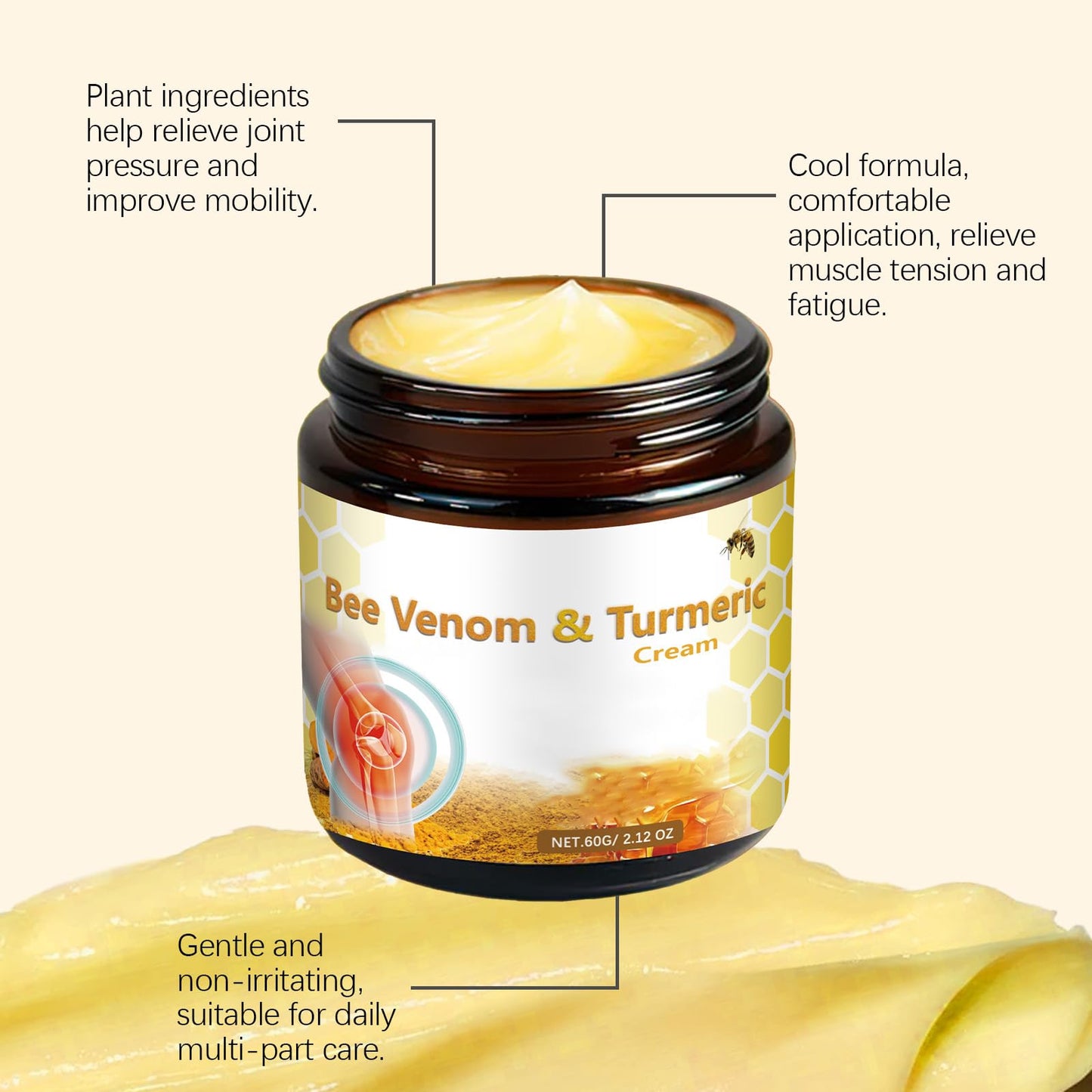 OSFRIAGE Bee Venom Turmeric Joint Cream, Professional Bee Venom Joint Gel, Bee Venom Joint and Bone Cream for Back, Knee, Hands, Neck, Feet -60ML (2PCS)