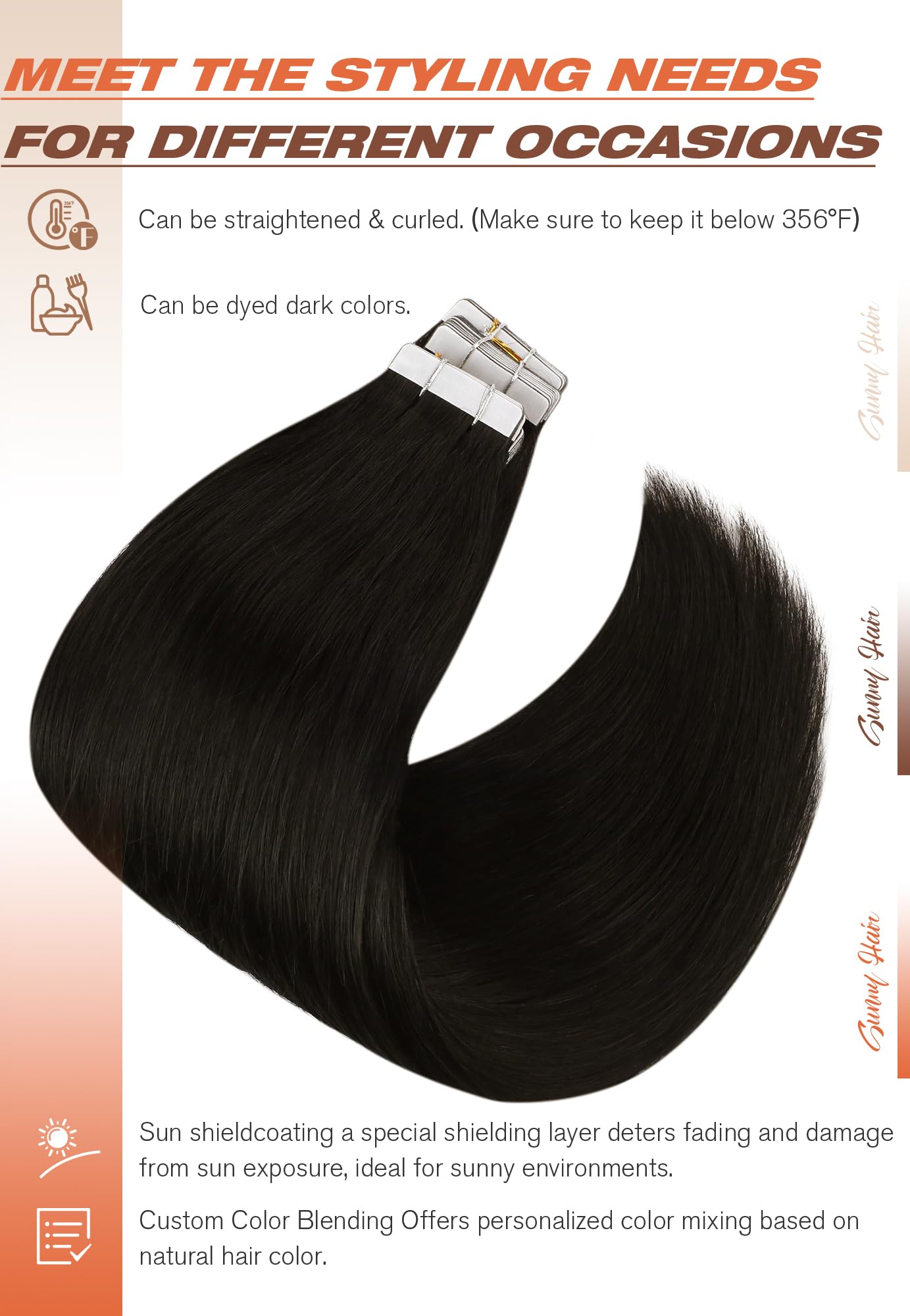 Sunny Hair Black Tape in Human Hair Extensions Black Tape in Extensions Natural Black Fashion Human Hair Tape ins Extensions Short Black Hair Extensions for Women Invisible Tape ins 20pcs 12in