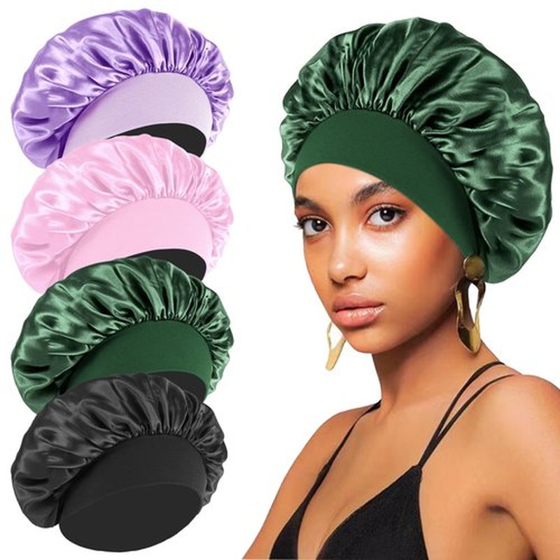 4PCS Silk Bonnet for Sleeping - Hair Satin Bonnets for Black Women Men,Hair Wrap Cap for Curly Hair,Elastic Wide Band Hair Bonnet Shower Cap for Sleeping (Purple & Pink & Pale Green & Black)
