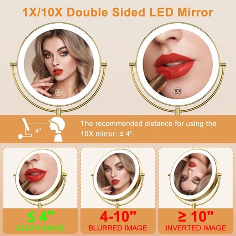 Gospire 9” Wall Mounted Lighted Makeup Vanity Mirror with 3 Color Lights & Stepless Dimming, 1X/10X Magnifying LED Double Sided Bathroom Touch Sensor Extendable Arm 360° Swivel Shaving Gold Mirror