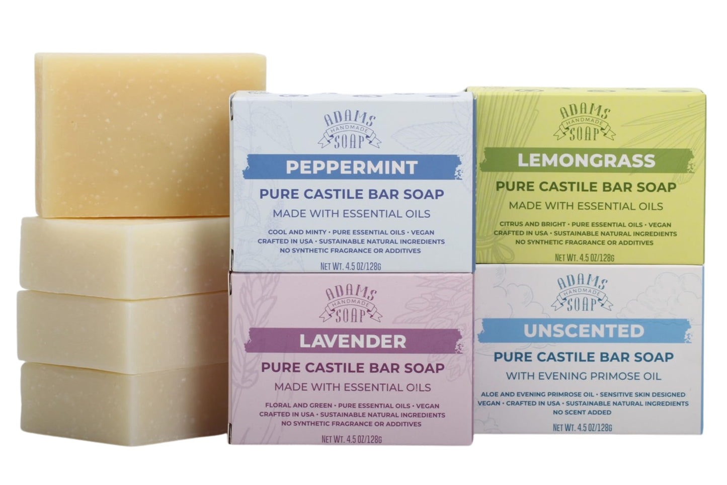 Adams Handmade Soap Variety Pack – 4 Bar Set: Unscented, Peppermint, Lavender, Lemongrass | Vegan, Cold Process, 84% Organic, Essential Oils, USA Made