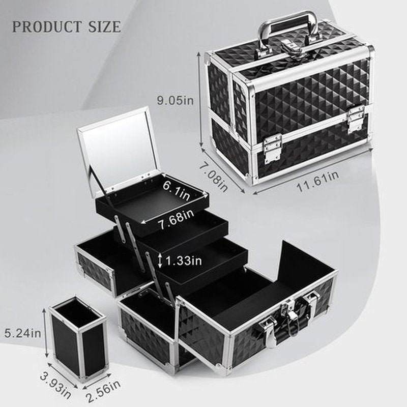Joligrace Makeup Box with Mirror 3-Tray 11.6-Inch Makeup Train Case with Brush Holder Lockable Portable Storage Organizer Large Black