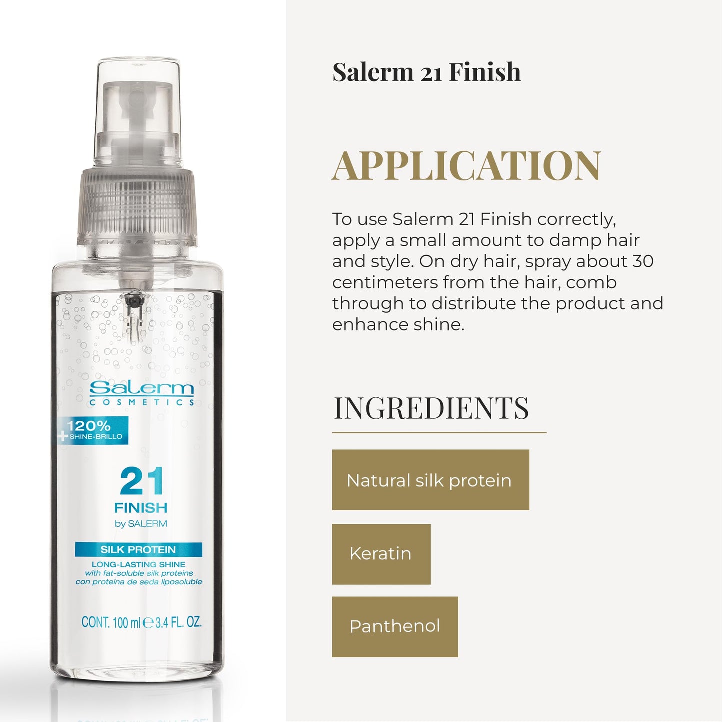 SALERM - Illuminating Hair Spray 21 Finish - 100 ml - with Silk Proteins - Final Illuminating Touch - Hydrates and Adds Shine to Hair - Immediate Result - Heat Protector