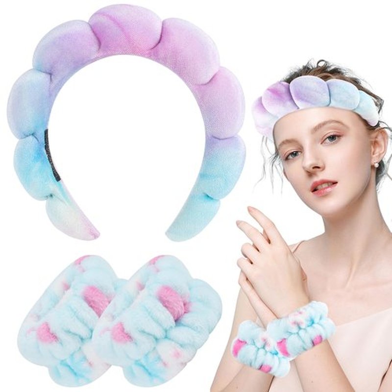 Zkptops Spa Headband for Washing Face Wristband Set Sponge Makeup Skincare Velvet Fabric Bubble Soft Get Ready Hairband for Women Puffy Padded Headwear Non Slip Thick Hair Accessory(Bluish Violet)