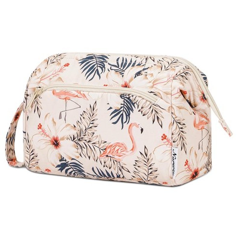 Narwey Large Women Makeup Bag Wide-open Make up Bag Travel Cosmetic Organizer Toiletry Bag for Cosmetics Toiletries Accessories (Beige Flamingo)