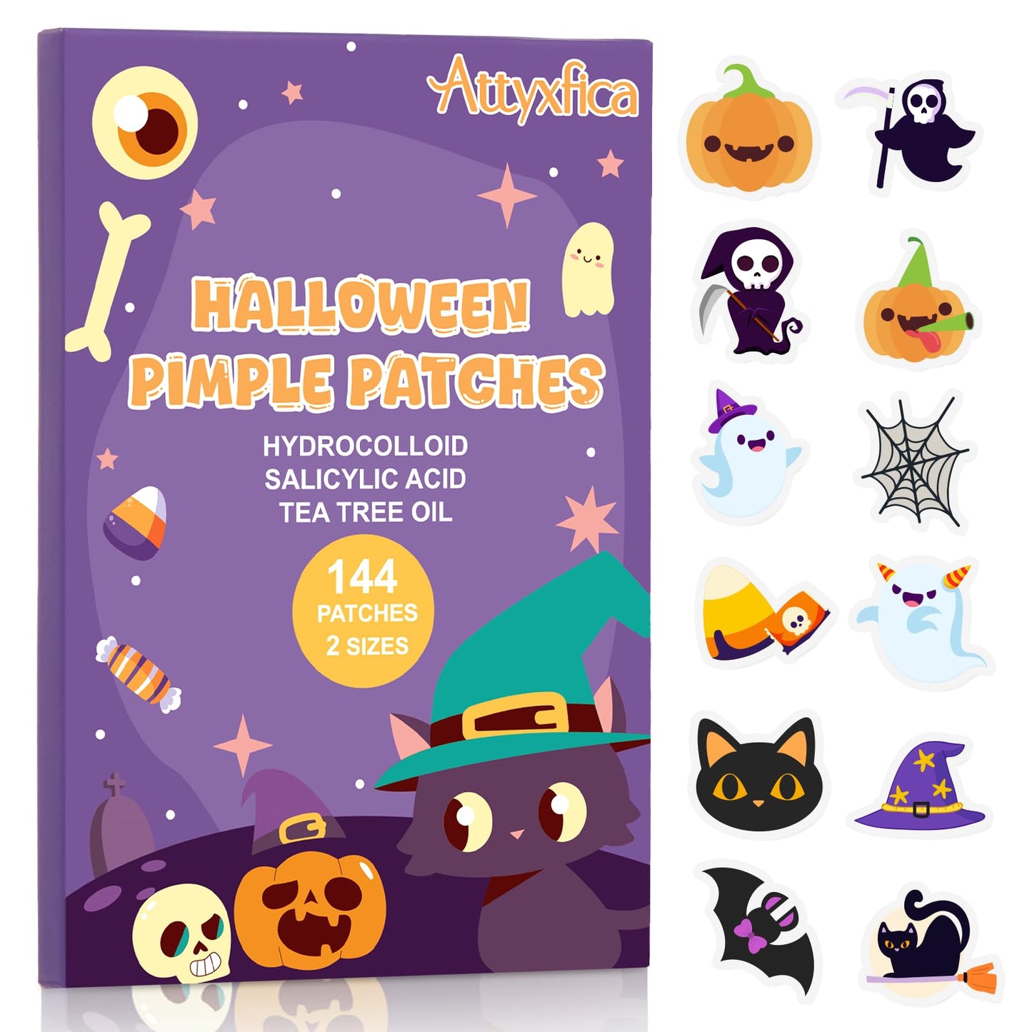 Attyxfica Halloween Acne Pimple Patches Cute - 144 Count Hydrocolloid Pimple Patches for Face, Spot Treatment Stickers w/Salicylic Acid & Tea Tree Oil for Zits and Blemishes, 2 Sizes & 12 Patterns