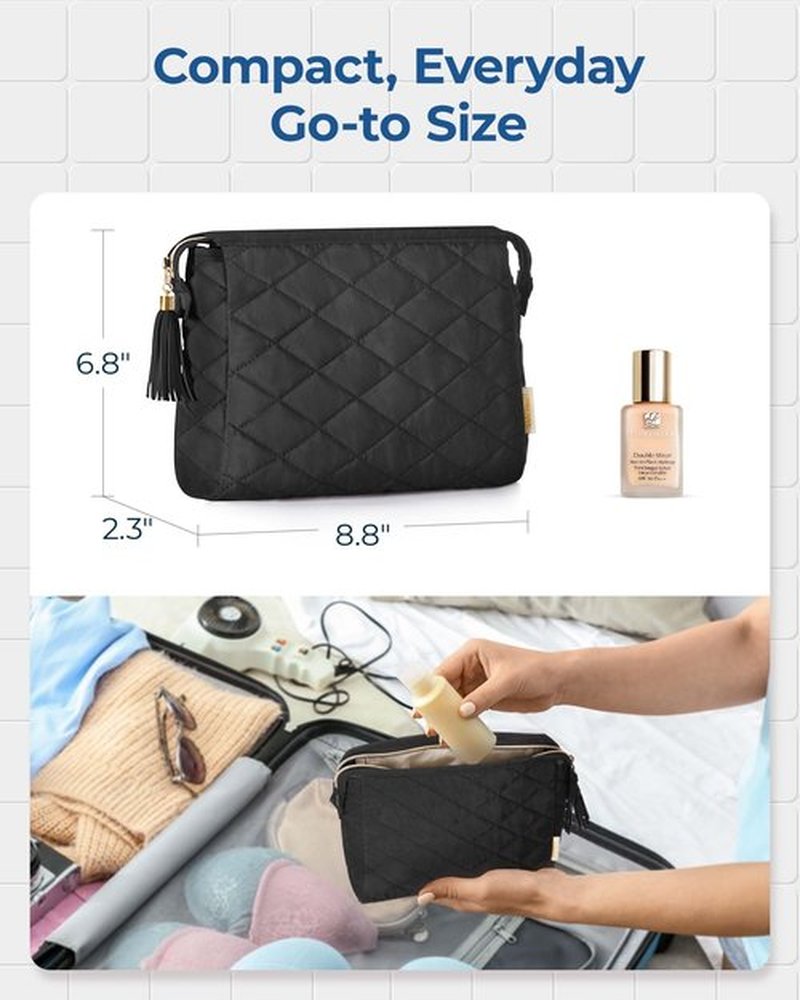 BAGSMART Makeup Bag Travel Cosmetic Bag, Puffy Make Up Bags for Women Large Capacity Makeup Organizer Case, Wide-open Pouch for Purse Storage Travel Essentials Toiletries Accessories Brushes, Black