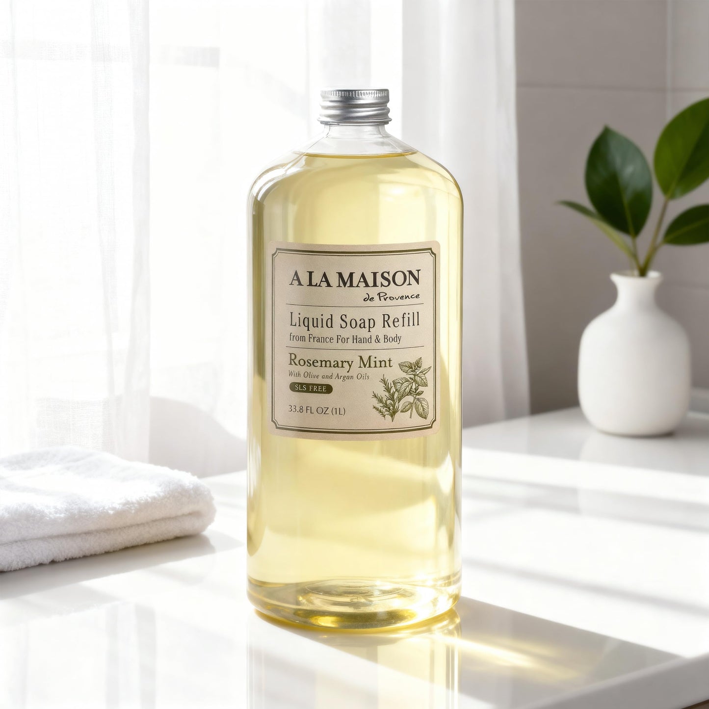 A LA MAISON Rosemary Mint Natural Hand Wash Made with Essential Oils - Biodegradable, Plant-Based, Vegan, Cruelty-Free 33.8 Fl Oz Refill Bottle, 1 Pack