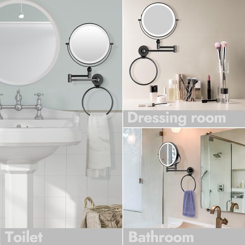 Rocollos Height Adjustable Wall Mounted Makeup Mirror with Towel Ring, Double Sided 1X/10X Magnifying Rechargeable LED Vanity Mirror with Lights 360 Swivel Extendable Arm Lighted Cosmetic Mirror