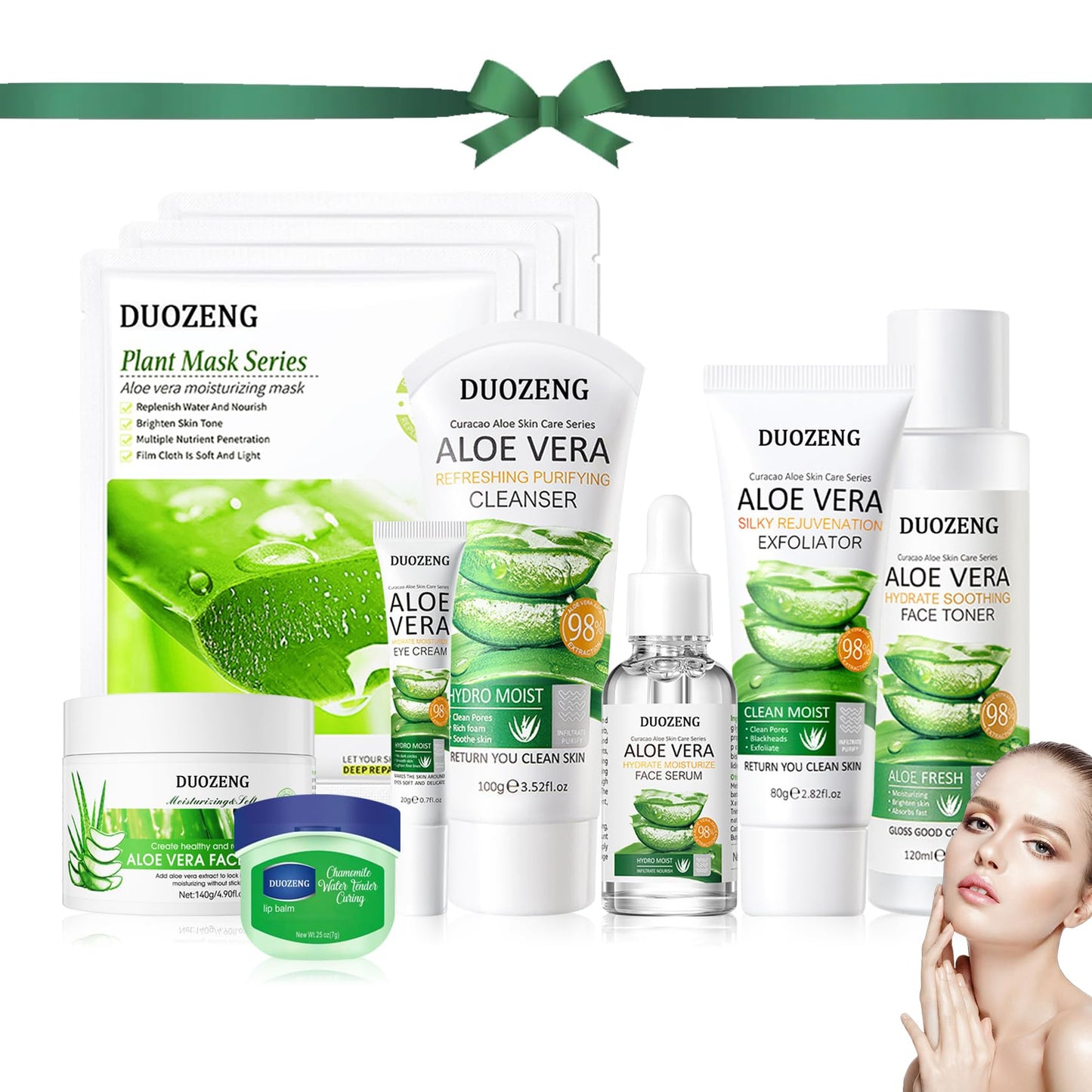 DuoZeng Skin Care Kit,Skincare Gift Set with Facial Cleanser,Toner,Serum,Eye Cream, Face Cream,Exfoliating Gel,Sleeping Lip Mask & 3 Pcs Aloe Vera Mask Kit for Women(10 Count)