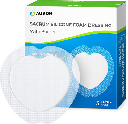 AUVON Sacral Silicone Foam Dressing - Waterproof & Breathable Wound Care | 7"x7", Box of 5 Pads