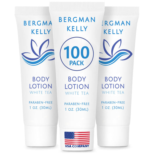 BERGMAN KELLY - Travel Size Lotion - 1 fl oz, 100 PK, White Tea - Delight Your Guests with Invigorating and Refreshing Body Lotion - Quality Mini and Small Size Guest Hotel Toiletries in Bulk