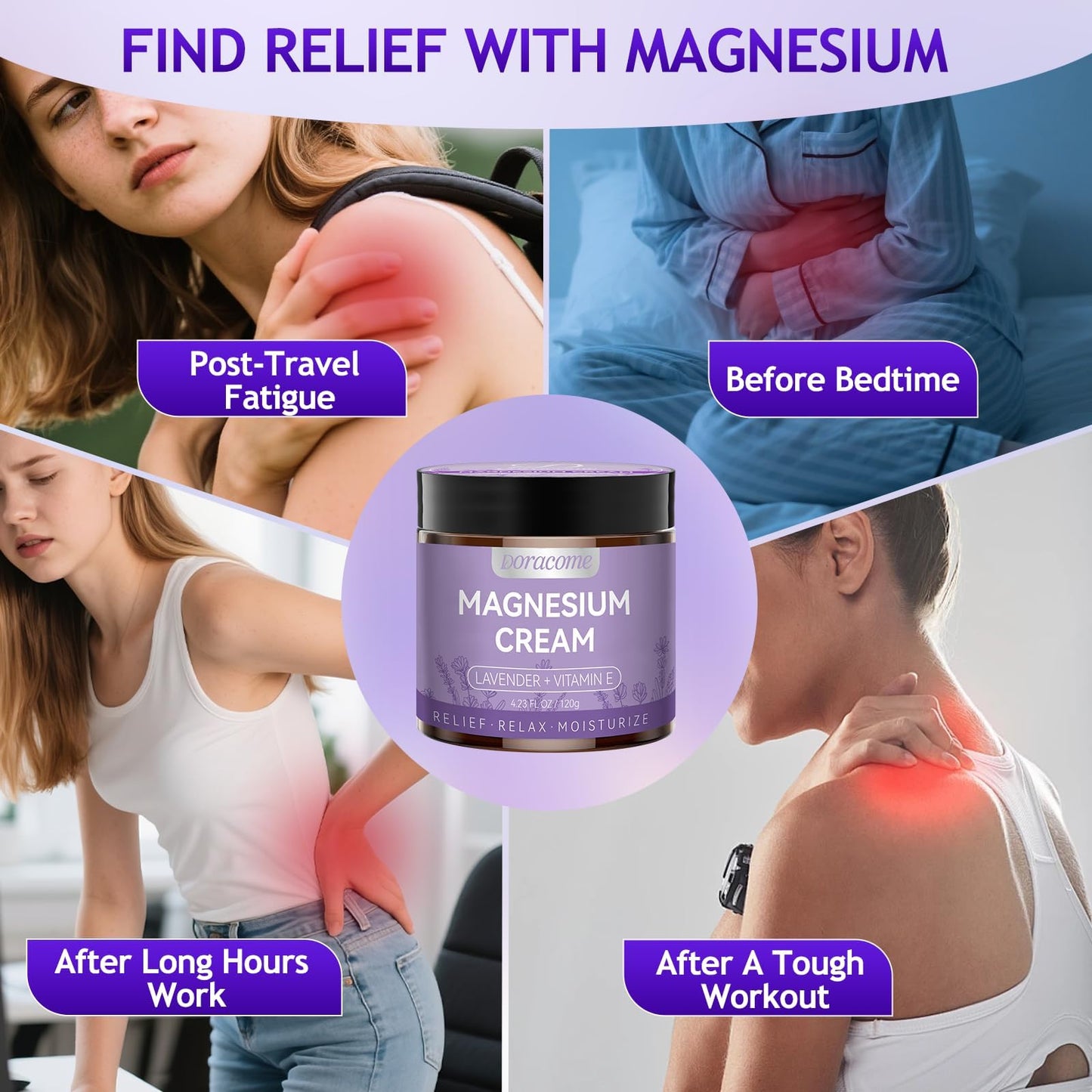 Doracome Magnesium Moisturizing Cream for Muscle Relief, Sleep Support and Stress Relief, Fast-Absorbing Formula,Skin Friendly,Lightly Scented