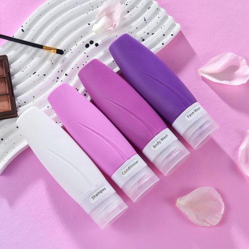 INSFIT Portable Travel Bottles TSA Approved, 3oz Leak Proof BPA Free Silicone Cosmetic Travel Size Toiletry Containers, Squeezable Silicone Tubes, Refillable Bottles for Shampoo 4 Pack Purple