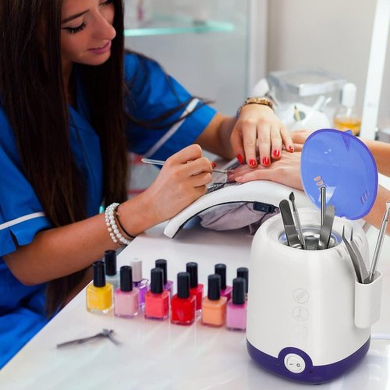 GoLashFun Nail Tool Sterilizer Machine,High Temperature Sterilization Nail Tool Cleaning Pot for Manicure Nail Salon Nipper Hair Cutting Scissors Cleaning Equipment (Blue with Storage Container)