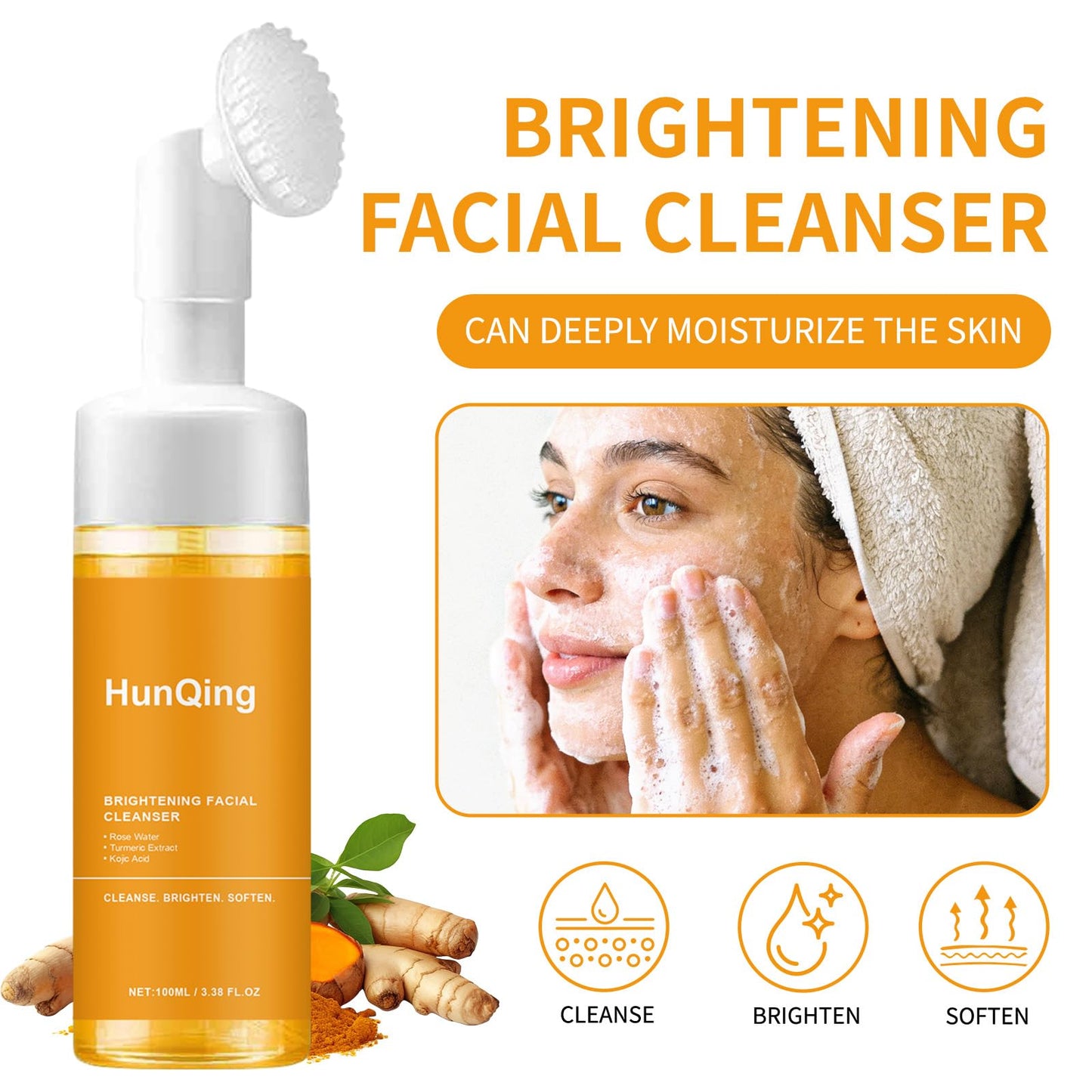 HuaQing Glow Wash Turmeric Face Wash With Brush,Deep Cleansing Exfoliating Foaming Facial Cleanser.