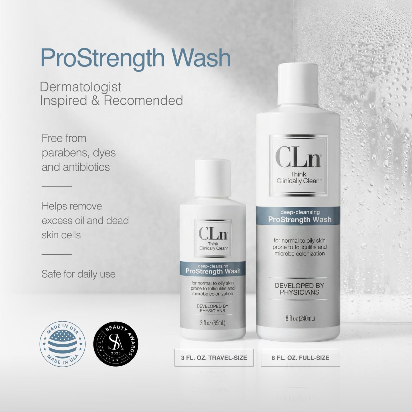 CLn ProStrength Wash - 3 fl oz, Salicylic Acid Body Wash & pH Balanced Cleanser for Oily & Acne Prone Skin, Exfoliating Body Wash for Men & Women, Fragrance Free Daily Skin Care
